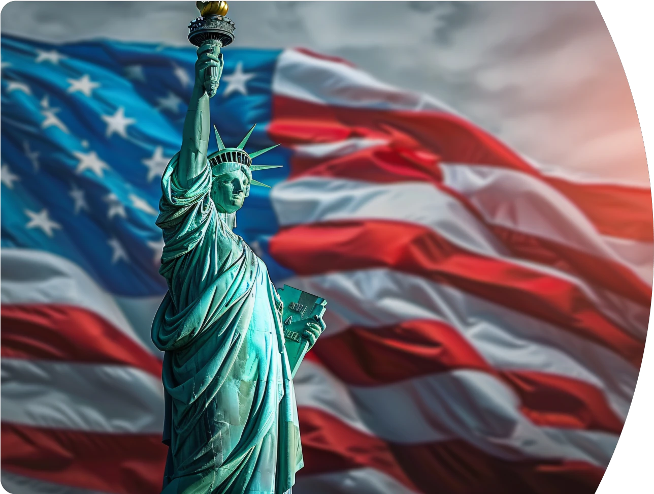 Estátua da Liberdade com bandeira americana